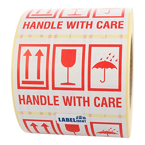 Warnetiketten 105 x 74 mm - handle with care - 1.000 Versandaufkleber auf 1 Rolle(n), 40 mm Kern, Papier selbstklebend von Labelident