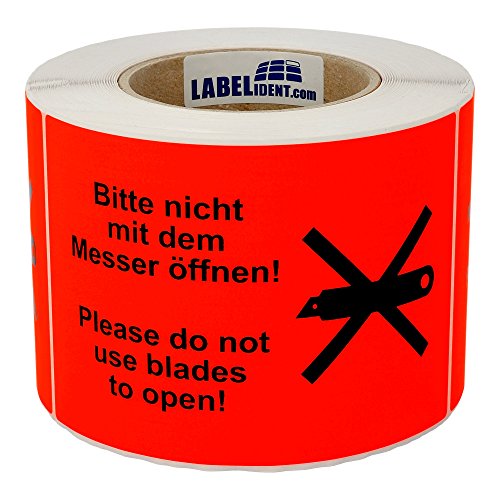 Labelident Warnetiketten 150 x 100 mm - Bitte nicht mit dem Messer öffnen/Please do not use blades to open - 500 Versandaufkleber auf 1 Rolle(n), 3 Zoll (76,2 mm) Kern, Papier selbstklebend von Labelident