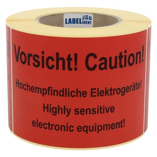Labelident Warnetiketten 150 x 100 mm - Vorsicht! Caution! Hochempfindliche Elektrogeräte! - 500 Versandaufkleber auf 1 Rolle(n), 3 Zoll (76,2 mm) Kern, Papier selbstklebend von Labelident