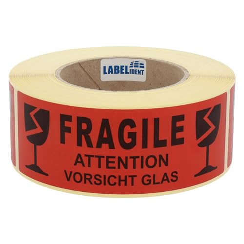 Labelident Warnetiketten 150 x 50 mm - Fragile - Attention - Vorsicht Glas - 500 Vorsicht Glas Aufkleber auf 1 Rolle(n), 3 Zoll (76,2 mm) Kern, Papier selbstklebend von Labelident
