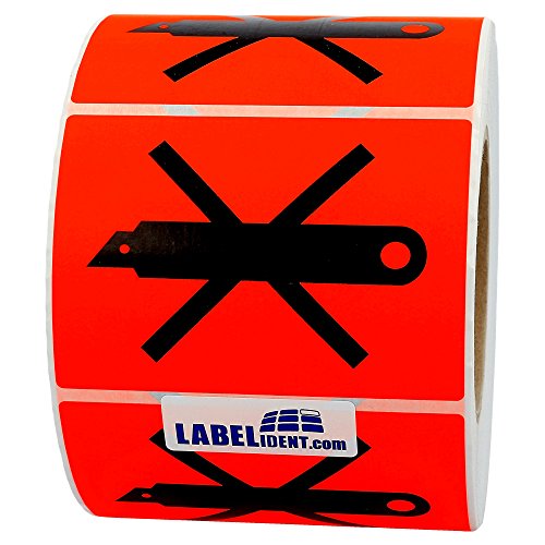 Labelident Warnetiketten auf Rolle 105 x 74 mm - durchgestrichenes Cuttermesser - Cuttermesser verboten - 1000 Versandaufkleber auf 1 Rolle(n), 3 Zoll Kern, Papier, rot von Labelident
