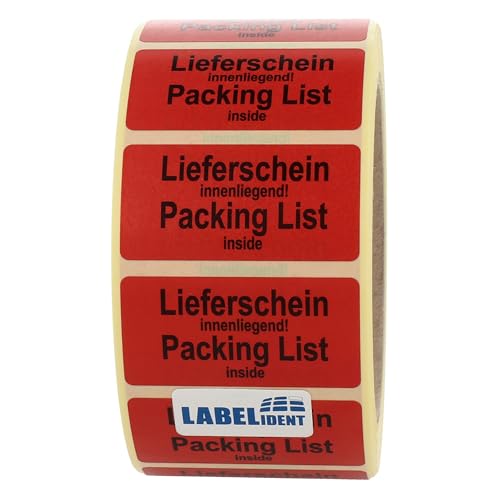 Labelident Warnetiketten auf Rolle 51 x 25 mm - Lieferschein innenliegend! Packing list inside - 1000 Versandaufkleber auf 1 Rolle(n), 3 Zoll Kern, Papier selbstklebend, rot von Labelident