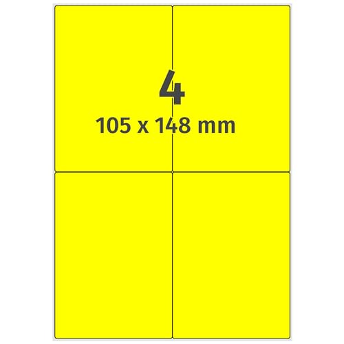 Farbige Etiketten DIN A4 leuchtgelb - 105 x 148 mm - 400 Papier Farbetiketten auf 100 Blatt, Laser Etiketten neongelb, bedruckbar von Labelident