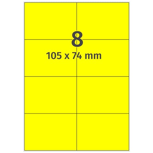 Farbige Etiketten DIN A4 leuchtgelb - 105 x 74 mm - 800 Papier Farbetiketten auf 100 Blatt, Laser Etiketten neongelb, bedruckbar von Labelident
