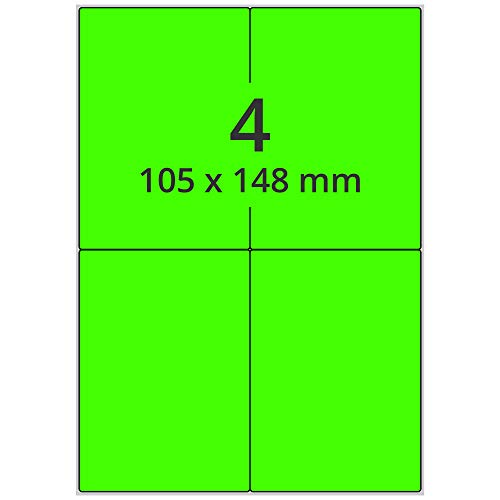 Farbige Etiketten DIN A4 leuchtgrün - 105 x 148 mm - 400 Papier Farbetiketten auf 100 Blatt, Laser Etiketten neongrün, bedruckbar von Labelident