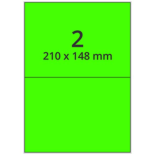 Farbige Etiketten DIN A4 leuchtgrün - 210 x 148 mm - 200 Papier Farbetiketten auf 100 Blatt, Laser Etiketten neongrün, bedruckbar von Labelident