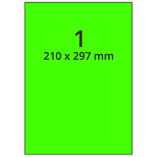 Labelident farbige Etiketten DIN A4 leuchtgrün - 210 x 297 mm - 100 Papier Farbetiketten auf 100 Blatt, Laser Etiketten farbig selbstklebend, bedruckbar von Labelident