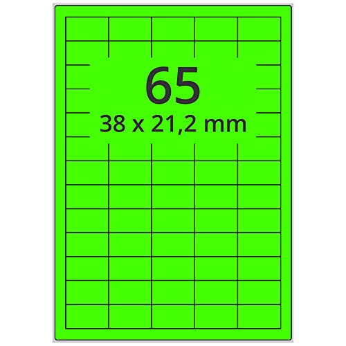 Labelident farbige Etiketten DIN A4 leuchtgrün - 38 x 21,2 mm - 6.500 Papier Farbetiketten auf 100 Blatt, Laser Etiketten farbig selbstklebend, bedruckbar von Labelident