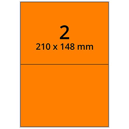 Labelident farbige Etiketten DIN A4 leuchtorange - 210 x 148 mm - 200 Papier Farbetiketten auf 100 Blatt, Laser Etiketten farbig selbstklebend, bedruckbar von Labelident