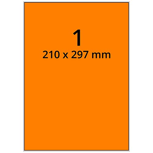 Labelident farbige Etiketten DIN A4 leuchtorange - 210 x 297 mm - 100 Papier Farbetiketten auf 100 Blatt, Laser Etiketten farbig selbstklebend, bedruckbar von Labelident