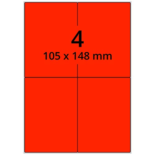 Farbige Etiketten DIN A4 leuchtrot - 105 x 148 mm - 400 Papier Farbetiketten auf 100 Blatt, Laser Etiketten neonrot, bedruckbar von Labelident