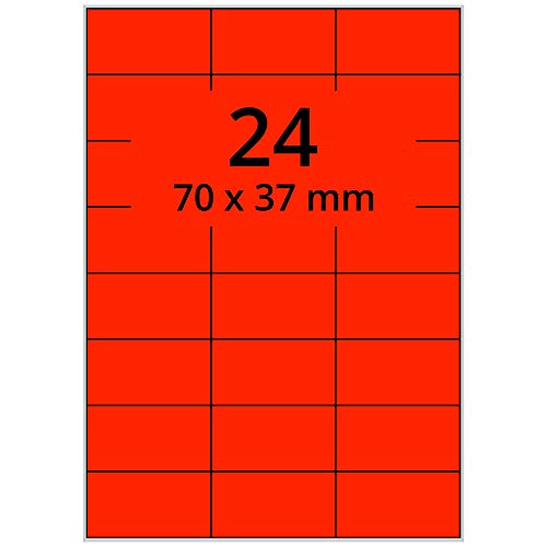 Farbige Etiketten DIN A4 leuchtrot - 70 x 37 mm - 2.400 Papier Farbetiketten auf 100 Blatt, Laser Etiketten neonrot, bedruckbar von Labelident