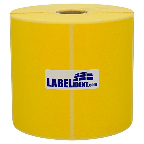 Labelident permanent haftende Thermo Etiketten - 100 x 150 mm - unbeschichtetes Papier, gelb matt, Trägerperforation, 500 Thermodirekt-Etiketten auf Rolle mit 25 mm (1 Zoll) Kern von Labelident