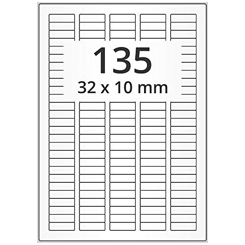 Wetterfeste Folienetiketten weiß matt - 32 x 10 mm - 13.500 PET Polyester Etiketten feuchtigkeitsbeständig auf 100 Blatt DIN A4 Bogen, selbstklebend von Labelident