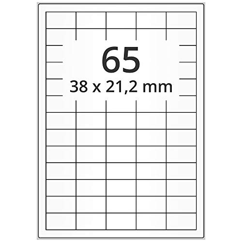 Labelident wetterfeste Folienetiketten weiß matt - 38 x 21,2 mm - 6.500 PET Polyester Etiketten feuchtigkeitsbeständig auf 100 DIN A4 Bogen, beschichtet, selbstklebend von Labelident