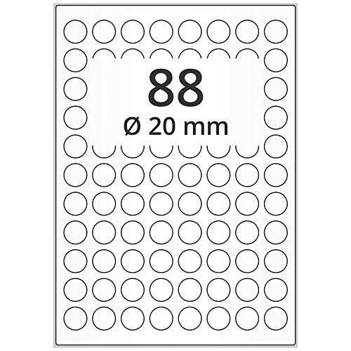 Labelident wetterfeste Folienetiketten weiß matt - Ø 20 mm rund - 8.800 PET Polyester Etiketten feuchtigkeitsbeständig auf 100 DIN A4 Bogen, selbstklebend von Labelident