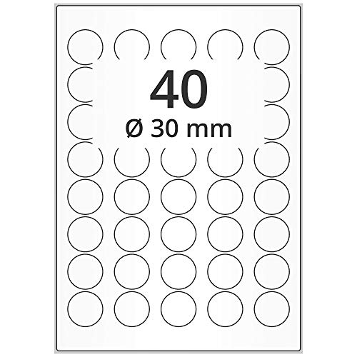 Labelident wetterfeste Folienetiketten weiß matt - Ø 30 mm rund - 4.000 PET Polyester Etiketten feuchtigkeitsbeständig auf 100 DIN A4 Bogen, selbstklebend von Labelident