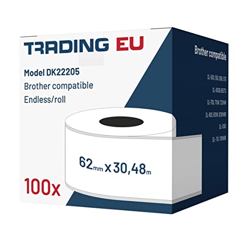 100x Label kompat. zu Brother DK22205 62 mm x 30,48 m endlos + 1x wiederverwendbarer Wechselhalterung von Labeltrade