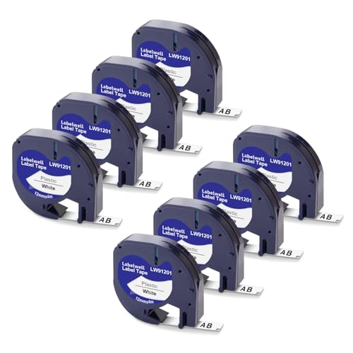 8x Labelwell Kompatibel Etikettenband für Dymo Letratag Schriftband 91201 91221 S0721660 12mm x 4m Schwarz auf Weiß Kompatibel für Dymo Letratag XR LT-100H LT-100T QX50 XM 2000 200B Beschriftungsgerät von Labelwell