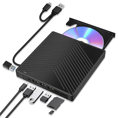 Externes CD DVD Laufwerk USB 3.0 & Typ-C, Tragbares CD-DVD +/-RW ROM Laufwerk Leser Brenner Rewriter mit SD/TF, 4 USB & USB-C Port, für Laptop PC Windows 11 10 8 7 XP, Linux, Mac OS von Labtec