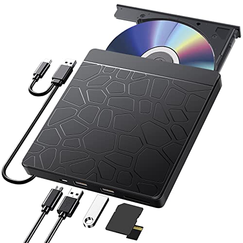 Labtec Externes CD-DVD-Laufwerk für Laptop Windows 11 10, USB 3.0 und Typ-C tragbare CD DVD +/-RW ROM Laufwerk Brenner Rewriter mit SD TF Slot & USB Ports, Slim DVD/CD Player für Linux, Mac OS von Labtec