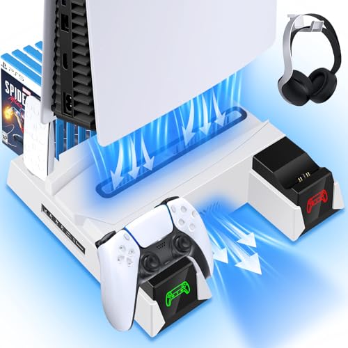 Labtec Vertikaler PS5 Standfuß mit Kühlung Lüfter und Dual Controller Ladestation für PS5 Disc & Digital Edition Konsole,PS5 Ständer mit 11 Spiele Halter, PS5 Zubehör von Labtec