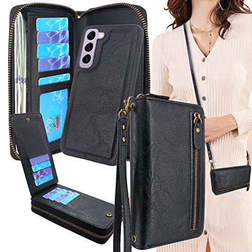 Lacass Für Samsung Galaxy S23+ Plus 5G 6,6 Zoll 2023 Crossbody Dual Zipper Abnehmbare Magnetische Leder Wallet Case Cover Handgelenkschlaufe 13 Kartenfächer Geldfach (Schwarz) von Lacass