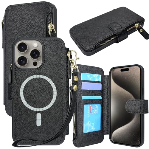 Lacass Kompatibel mit MagSafe Case Wallet für iPhone 15 Pro 6,1 Zoll, 3 Kartenhalter Reißverschluss Leder Wallet Cover Magnetverschluss Handschlaufe Lanyard (Schwarz) von Lacass