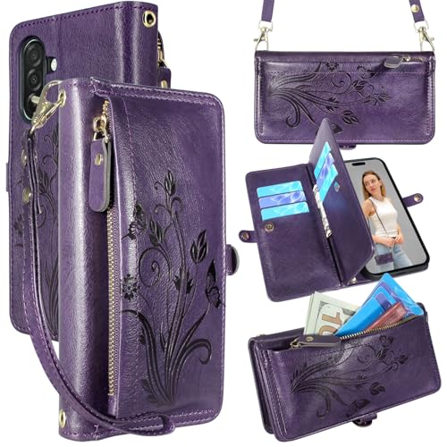 Lacass Schutzhülle für Samsung Galaxy A26 5G, Kartenhalter, Reißverschluss, Leder-Klapphülle, Handschlaufe mit Ständer, florales Dunkelviolett Lacass Schutzhülle für Samsung Galaxy A26 5G, Kartenhalter, Reißverschluss, Leder-Klapphülle, Handschlaufe mit Ständer, florales Dunkelviolett von Lacass