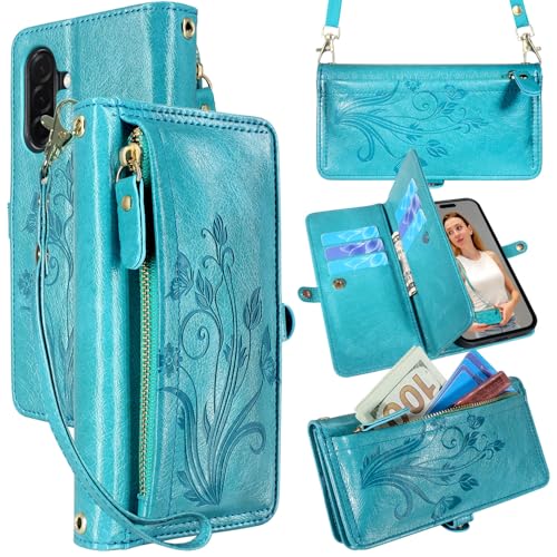 Lacass Schutzhülle für Samsung Galaxy A36 A56, Kartenhalter, Reißverschluss, Leder-Klapphülle, Crossbody-Handschlaufe mit Ständer, Blumenmuster, Blau / Grün Lacass Schutzhülle für Samsung Galaxy A36 A56, Kartenhalter, Reißverschluss, Leder-Klapphülle, Crossbody-Handschlaufe mit Ständer, Blumenmuster, Blau / Grün von Lacass