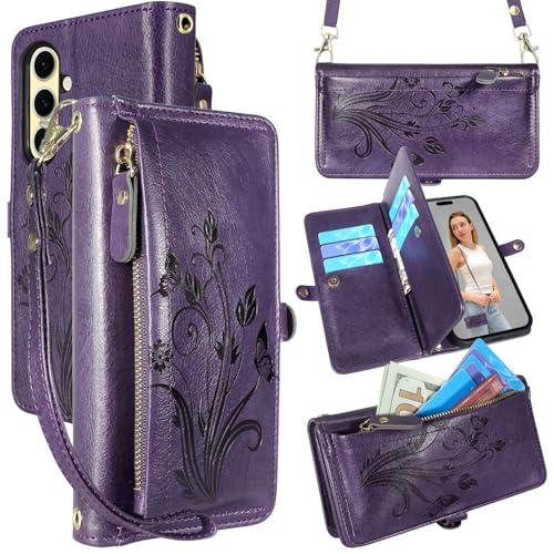 Lacass Schutzhülle für Samsung Galaxy S24 FE, Kartendiebstahl-Scan-Schutz, Kartenhalter, Reißverschluss, Leder-Klapphülle, Crossbody-Handschlaufe mit Ständer, für Galaxy S24FE (florales Dunkelviolett) von Lacass