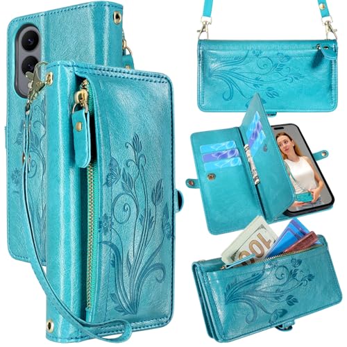 Lacass Schutzhülle für Samsung Galaxy S25 Edge, Kartenhalter, Reißverschluss, Leder-Klapphülle, Crossbody-Handschlaufe mit Ständer, Blumenmuster, Blau / Grün Lacass Schutzhülle für Samsung Galaxy S25 Edge, Kartenhalter, Reißverschluss, Leder-Klapphülle, Crossbody-Handschlaufe mit Ständer, Blumenmuster, Blau / Grün von Lacass