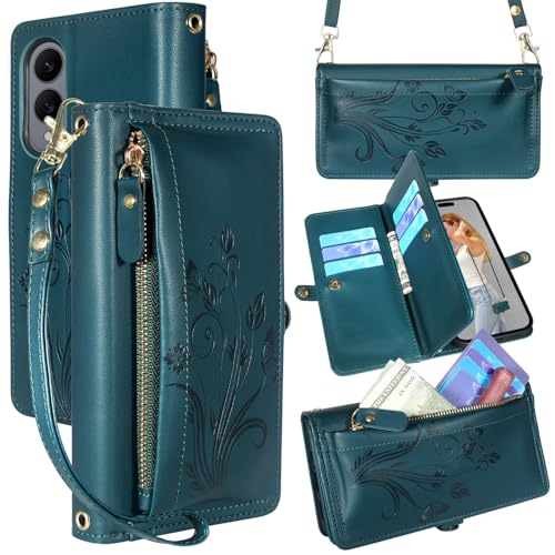 Lacass Schutzhülle für Samsung Galaxy S25 Edge, Kartenhalter, Reißverschluss, Leder-Klapphülle, Handschlaufe mit Ständer, Blumen-Cyangrün Lacass Schutzhülle für Samsung Galaxy S25 Edge, Kartenhalter, Reißverschluss, Leder-Klapphülle, Handschlaufe mit Ständer, Blumen-Cyangrün von Lacass