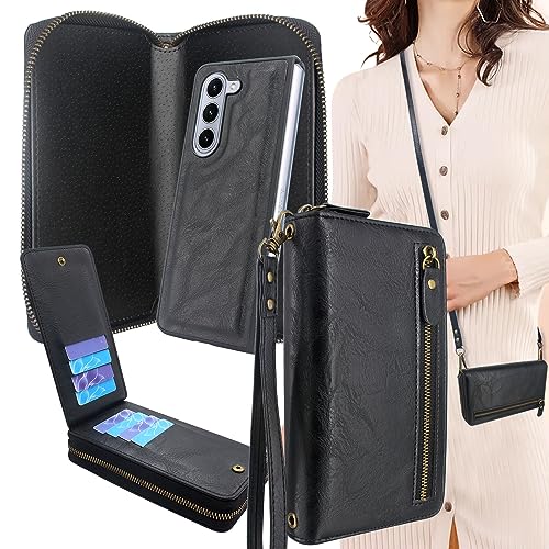 Lacass Schutzhülle für Samsung Galaxy Z Fold 5 Z FOLD5 5G 2023, Umhängetasche, Dual-Reißverschluss, abnehmbare magnetische Leder-Brieftaschen-Abdeckung, Handschlaufe mit 8 Kartenfächern, Schwarz von Lacass
