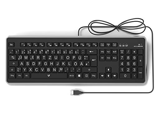 Lacerto® | Deutsche Tastatur (QWERTZ) mit großen Buchstaben, weißer LED-Beleuchtung & USB-Anschluss - Für Senioren, Kinder & Sehbehinderte - Keyboard, Computer-Zubehör, beleuchtet, kabelgebunden von Lacerto