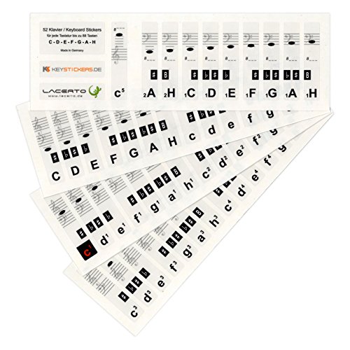 Lacerto® | Noten Aufkleber für alle Klavier, e-Pianos oder Anfänger Keyboard mit 37, 44, 49, 54, 61, 76, 88-Tasten | 52 Stickers für deutsches Notensystem C-D-E-F-G-A-H | Made in Germany von Lacerto