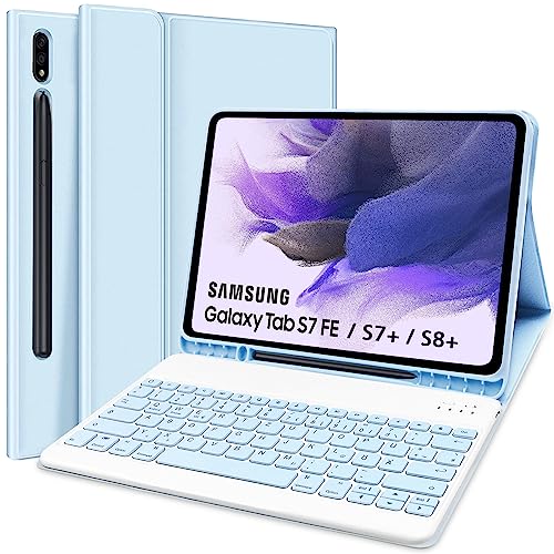 Tastatur Hülle für Samsung Tab S7 FE/ S7+/S7 Plus/S8 Plus 2022 12,4 Zoll, Schutzhülle mit Pencil Halter QWERTZ Layout, Magnetisch Abnehmbarer (Himmelblau) von Lachesis
