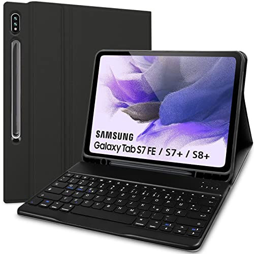 Tastatur Hülle für Samsung Tab S7 FE/ S7+/S7 Plus/S8 Plus 2022 12,4 Zoll, Schutzhülle mit Pencil Halter QWERTZ Layout, Magnetisch Abnehmbarer (Schwarz) von Lachesis