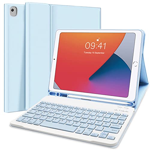 Tastatur Hülle für iPad 10.2 Zoll 2021 9.Gen/2020 8.Gen/2019 7.Gen, Soft TPU Rückseite Gehäuse Schutzhülle Abnehmbarer Tastatur mit Pencil Halter,iPad Air 3, iPad Pro 10.5, QWERTZ Layout (Himmelblau) von Lachesis