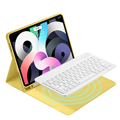 Laetass Tastatur Hülle Für iPad Air 5 2022 / iPad Air 4 2020 10.9 Zoll, Magnetisch Abnehmbarer Tastatur mit Deutsches kabelloses Bluetooth mit Stifthalter QWERTZ Layout gelb von Laetass
