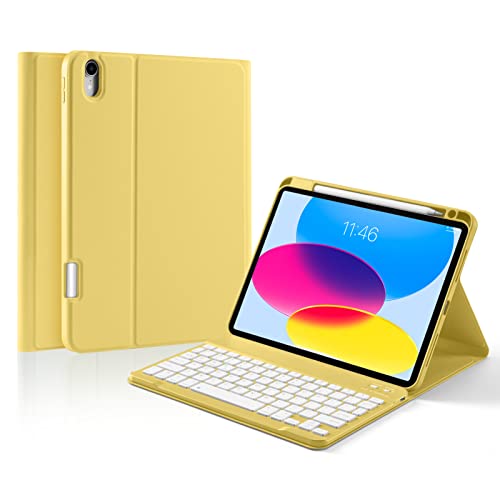 Laetass Tastaturhülle für iPad 10. Generation 27,7 cm 2022 mit oberem Stiftschlitz, Leder-Standhülle mit integriertem Stifthalter, magnetische, abnehmbare kabellose Bluetooth-Tastatur. (Gelb) von Laetass