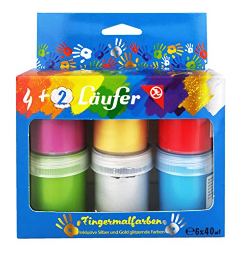 Läufer 87217 Fingermalfarben, 4 brilliant deckend und 2 Glitzerfarben Silber und Gold, gut mischbar, EN 71 Zertifiziert von Läufer