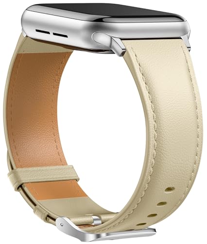 Laffav Lederarmband Kompatibel mit Apple Watch Armband 40mm 41mm 38mm Damen Herren, Echtes Leder Klassisches Ersatzarmband für Apple Watch iWatch Series 9 8 7 6 5 4 3 2 1 SE 2,Beige von Laffav