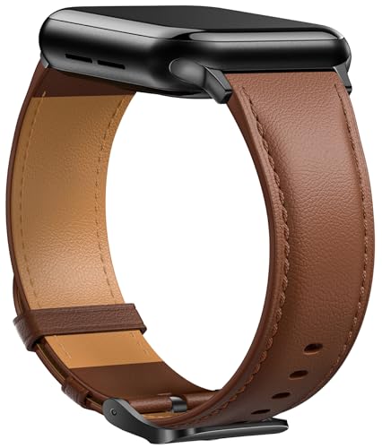 Laffav Lederarmband Kompatibel mit Apple Watch Armband 40mm 41mm 38mm Damen Herren, Echtes Leder Klassisches Ersatzarmband für Apple Watch iWatch Series 9 8 7 6 5 4 3 2 1 SE 2,Braun von Laffav