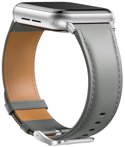 Laffav Lederarmband Kompatibel mit Apple Watch Armband 40mm 41mm 38mm Damen Herren, Echtes Leder Klassisches Ersatzarmband für Apple Watch iWatch Series 8 7 6 5 4 3 2 1 SE,Grau von Laffav