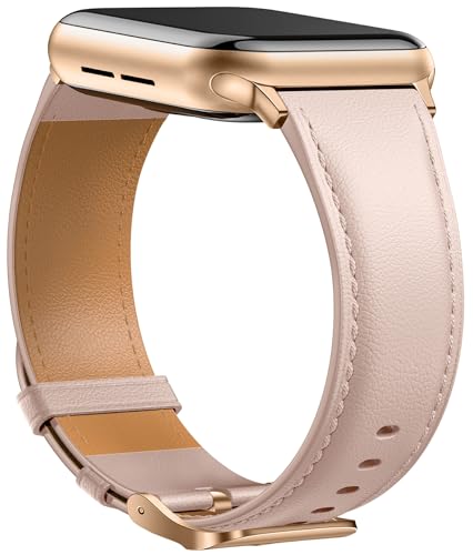 Laffav Lederarmband Kompatibel mit Apple Watch Armband 40mm 41mm 38mm Damen Herren, Echtes Leder Klassisches Ersatzarmband für Apple Watch iWatch Series 9 8 7 6 5 4 3 2 1 SE 2,Rosa von Laffav