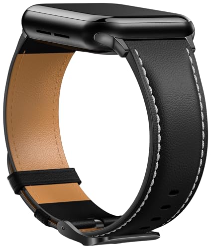 Laffav Lederarmband Kompatibel mit Apple Watch Armband 40mm 41mm 38mm Damen Herren, Echtes Leder Klassisches Ersatzarmband für Apple Watch iWatch Series 9 8 7 6 5 4 3 2 1 SE 2,Schwarz von Laffav