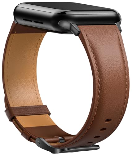 Laffav Lederarmband Kompatibel mit Apple Watch Armband 44mm 45mm 42mm 49mm Damen Herren, Echtes Leder Klassisches Ersatzarmband für Apple Watch iWatch Series 8 7 6 5 4 3 2 1 SE Ultra,Braun von Laffav