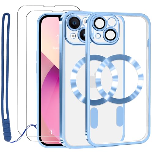 Lafunda Durchsichtig Hülle für iPhone 13 Handyhülle Kompatibel mit MagSafe mit Kameraschutz und 2 Stück Panzerglas, Clear Magnetisch Case mit Schlüsselband für iPhone 13-Blau von Lafunda