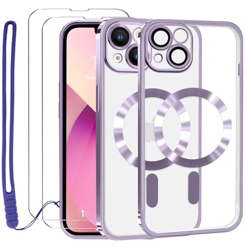 Lafunda Durchsichtig Hülle für iPhone 13 Handyhülle Kompatibel mit MagSafe mit Kameraschutz und 2 Stück Panzerglas, Clear Magnetisch Case mit Schlüsselband für iPhone 13-Dunkelila von Lafunda